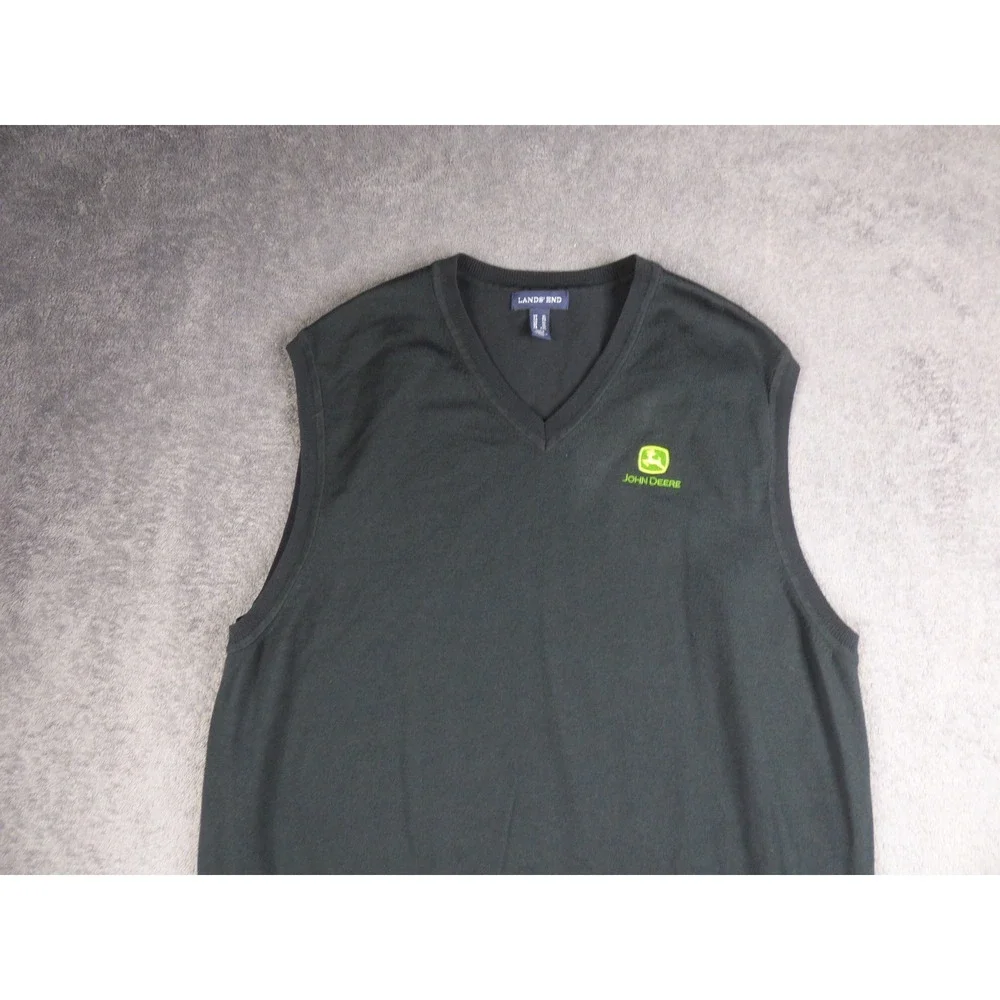 John Deere Mens XL Black V-Neck Sweater Vest Acrylic Nylon Knit Pullov Lands End